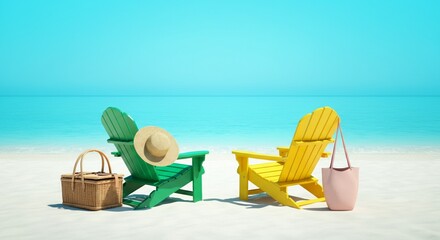 Colorful Beach Chairs on White Sand by Turquoise Sea – Perfect Summer Escape.