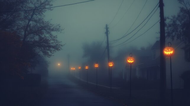 Children in Halloween costumes trick-or-treating in a cartoon village at night, full moon in the background