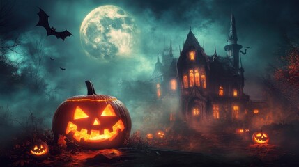 Children in Halloween costumes trick-or-treating in a cartoon village at night, full moon in the background