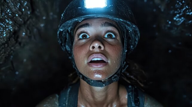 A wide-eyed woman with a headlamp looks up in awe while exploring a dark cave, embodying the spirit of adventure, curiosity, and the wonder of natural formations illuminated by her light. - Powered by Adobe