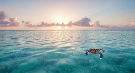 Sea Turtle Swimming in Tropical Ocean at Sunset – Peaceful Summer Seascape.
