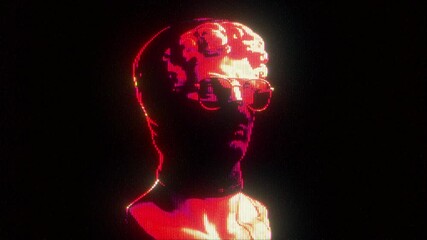 4K Seamless loop of glowing classical bust with neon red lighting and CRT glitch effect, digital animation with analog distortion for motion graphics overlay, screen mode, vaporwave, cyberpunk - Powered by Adobe