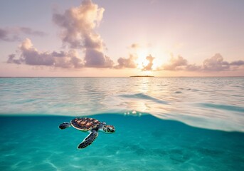 Sea Turtle Swimming in Tropical Ocean at Sunset – Peaceful Summer Seascape.