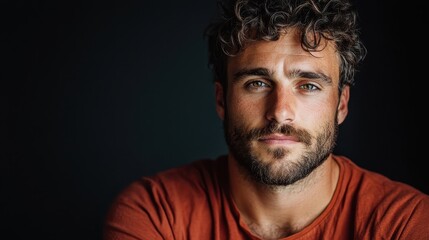 Obraz premium A close-up portrait of a serious young man with curly hair and a beard, captured in deep thought against a dark backdrop, reflecting introspection and strength.