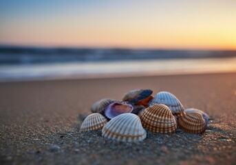 Colorful Seashells on Sandy Beach at Sunset – Summer Coastal Vibes.