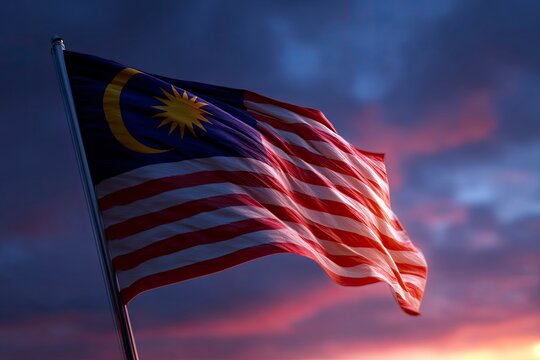 A Malaysian flag waving against a dramatic dusky sky at sunset