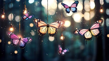 A group of butterflies in various colors fly around a forest of light bulbs.