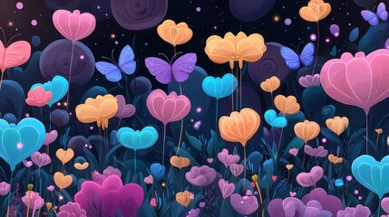 A whimsical garden scene with floating flowers and butterflies.