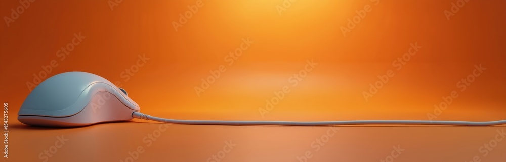 Poster white computer mouse with cable, orange background. modern tech gadget for work. wired mouse on tabl