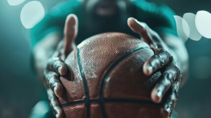 A close-up view of a player's hands gripping a basketball, showcasing the intensity and focus before a game, capturing the essence of competitive sports and determination.
