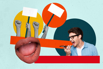 Template poster trend artwork photo collage of mouth open hand up hold placard young man scream...