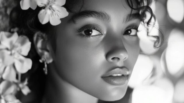 A woman with a flower in her hair is the main subject of the . The  is in black and white, giving it a classic and timeless feel. The woman's face is the focal point