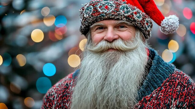 a smiling man with a long white beard wearing a winter hat and sweater against a background of Christmas lights.