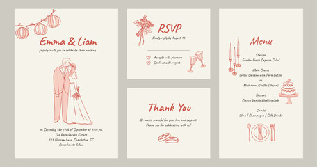 Hand drawn wedding invitation set with menu, rsvp and thank you card with cute doodle elements