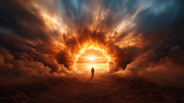 A silhouette of a person stands at the edge of a dramatic cloudscape, symbolizing hope, journey, and the intersection of reality and dreams in a surreal landscape.