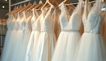 Elegant white wedding dresses in bridal boutique. Dresses with lace, satin details hang on hangers. Bright lighting creates romantic atmosphere, ideal for fashion, shopping, retail, wedding, bridal