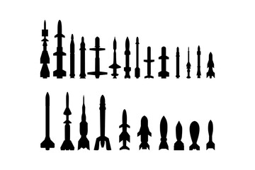 Black missile icon collection. Combat rocket weapons. Set of weapon and rocket symbol. Missile silhouette collection. Vector eps 