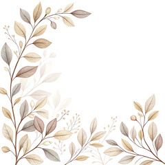 Beige and brown watercolor leaves corner border isolated on transparent background