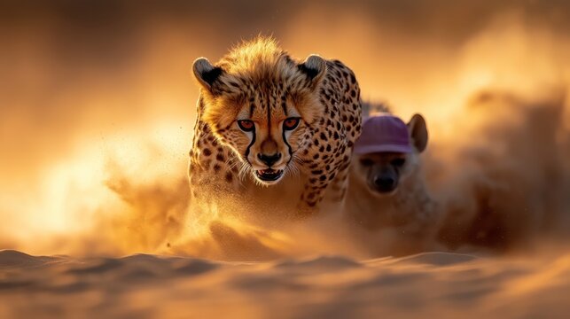 A dynamic shot of a cheetah sprinting through dusty terrain, capturing the thrill of the chase, depicting power, agility, and the wild energy of nature under a golden sunset.