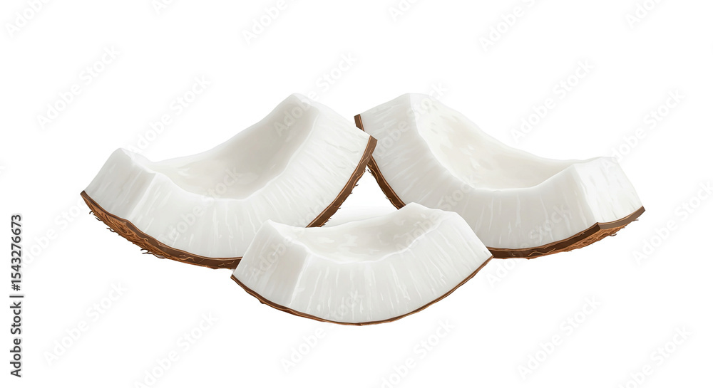 Poster close-up of three fresh coconut slices against a dark background