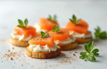 Delicious canapes with cream cheese, smoked salmon, parsley. Appetizer or snack at party, reception. Perfect for brunch, catering menu. Tasty savory meal. Gastronomy.