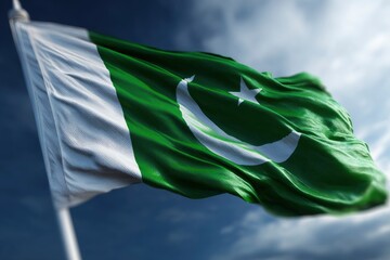 A Pakistani flag waving against a blurred sky featuring a white crescent moon and star on a green field with a white vertical stripe