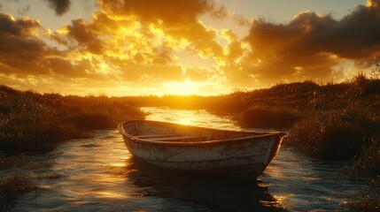 Serene sunset over calm water, small weathered rowboat rests peacefully