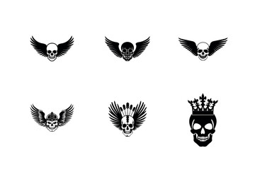 Six skull silhouettes with wings and crowns