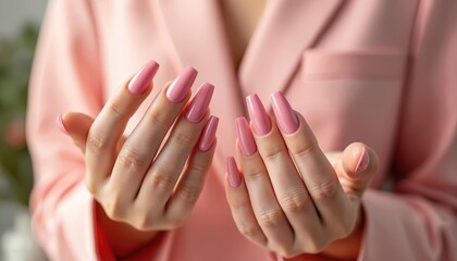 Woman hands with elegant pink acrylic gel polish coffin nail manicure. Fashionable nail art design in spa salon. Beauty treatment, nail care, cosmetology, luxury. Pastel colours, smooth skin.