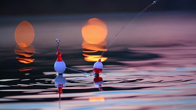 Fishing bobber floating, generating gentle ripples against golden sunset water backdrop