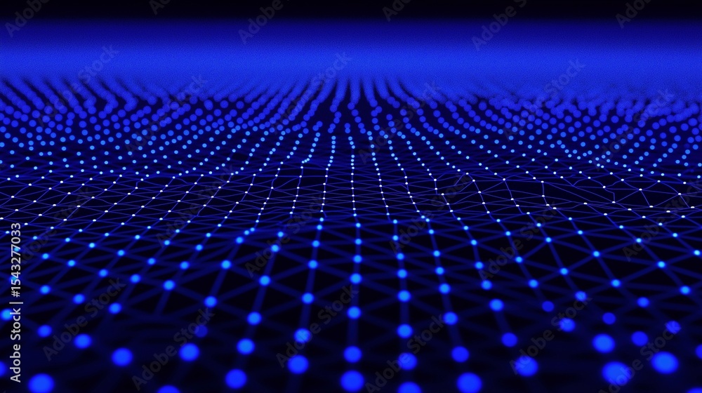 Poster lines of connected blue dots in darkness image render 3d. virtual mesh. innovative data transferring
