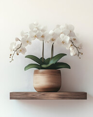 high quality image of minimalist white flower in wooden pot on shelf fused with unexpected neon bio mechanics ultra hd 8k vibrant bright vivid color simple clean design stock photo easy to understand 