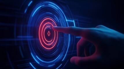 Person finger touching neon button image with digital overlay. Interaction with virtual interface photography conceptual composite. Computing development concept photo realistic