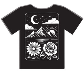 Nature Landscape with Mountains, Flowers, Sun, and Moon T-Shirt Design
