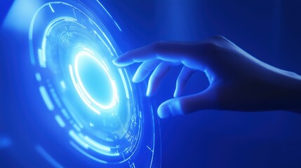 User hand interacting with glowing display image with digital overlay. Futuristic computing system photography conceptual composite. Innovative technology concept photo realistic