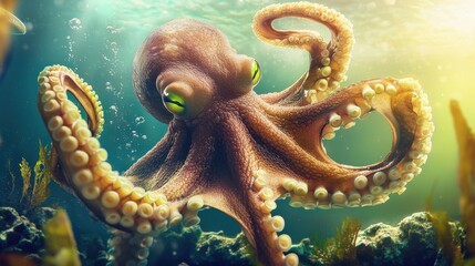 A large octopus with a brown body and white tentacles swims in the ocean.