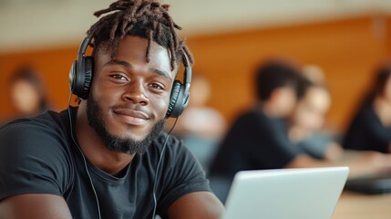 This engaging image features a confident young man wearing headphones, focused on his laptop in a bustling café, capturing the essence of modern productivity and connectivity in a vibrant setting.