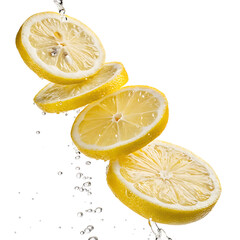 Four lemon slices falling in water isolated on transparent background