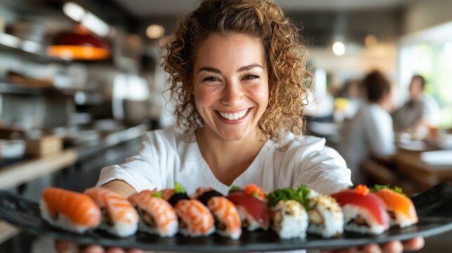 A cheerful woman showcasing a colorful platter of sushi in a vibrant restaurant setting, highlighting the joy of sharing delicious food and culinary artistry.