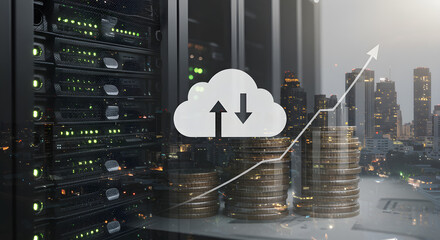 Cloud computing and server data technology in digital finance with coin stack and upward chart symbolising virtual economy and online storage growth