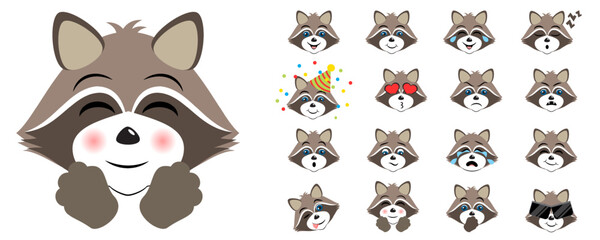 Large vector collection with cute racoons heads. Different racoon emotions isolated on white. Character emoji, cute and lovely animals set. Vector 10.