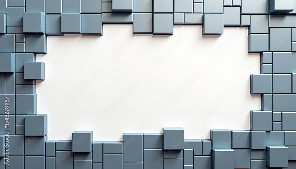 Poster abstract blue 3d blocks forming a frame with empty white space
