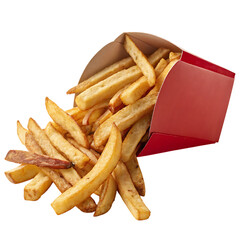 French fries in red carton isolated on transparent background