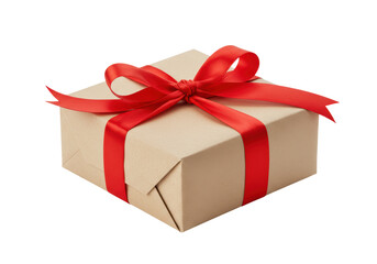Isolated Gift Box Wrapped in Brown Paper with Red Ribbon