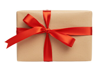 Isolated Gift Box Wrapped in Kraft Paper with Red Ribbon