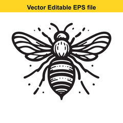 Monochrome Illustration of a Honeybee with Detailed Wings and Body Markings in a Vector Style, Perfect for Nature Themed Projects