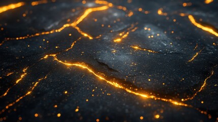 Dark Geological Surface with Glowing Cracks Evoking Earth's Inner Heat Abstract Futuristic Black Texture