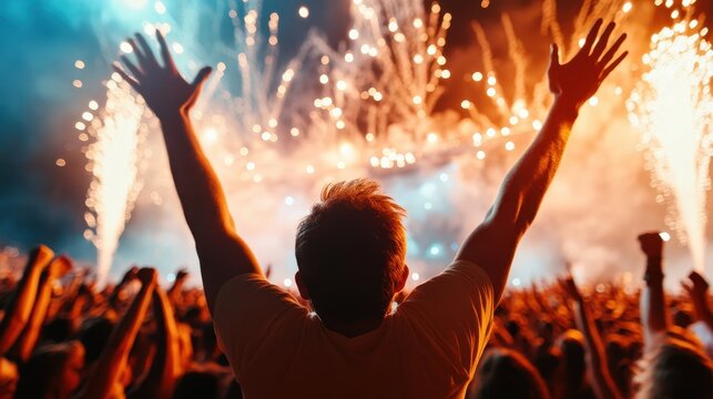 A vibrant concert scene unfolds with an excited crowd raising their hands, amidst dazzling fireworks, capturing the joy and energy of live music performances and celebrations.