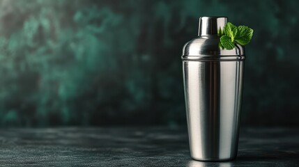 A polished cocktail shaker garnished with mint sits invitingly on a bar countertop, suggesting a vibrant nightlife experience and encouraging creative mixology in stylish settings.
