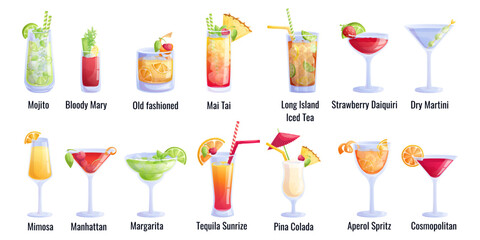 A set of cocktails in glasses on a white background. Pina colada, Manhattan, mojito, mai tai, long island, bloody Mary, cosmopolitan, margarita, momosa. Isolated vector illustration